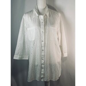 Chico's White Eyelet Embroidered Button Down Shirt Tunic 3/4 Sleeve Size 3 XL
